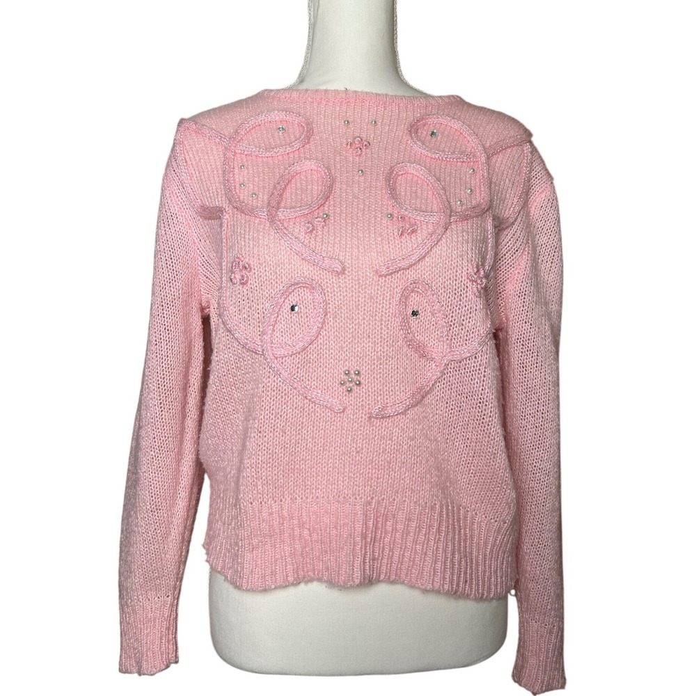 Vintage Charlotte Van Horne Pink Knit Sweater Pearl Beaded Cottagecore Coquette